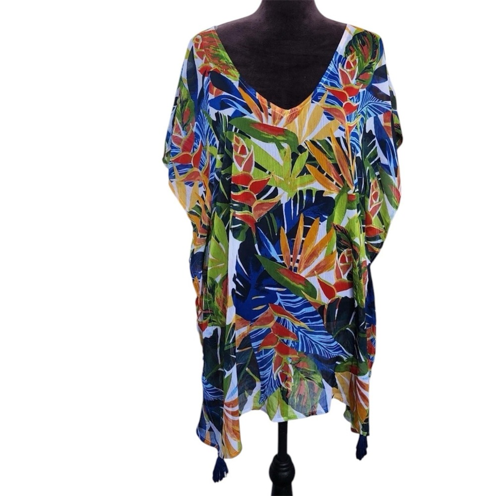 Kona Sol Dress Cover-Up Women Tropical Floral Print Tunic Lace Back Color Sz M
